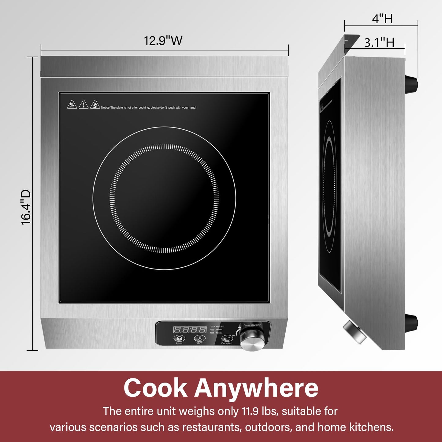 Zomagas 1800W Commercial Induction Cooktop: Features 10-Level Precision Power Control and Low-Noise Cooling for Home Chefs and Party Catering,With Knob and LCD Screen