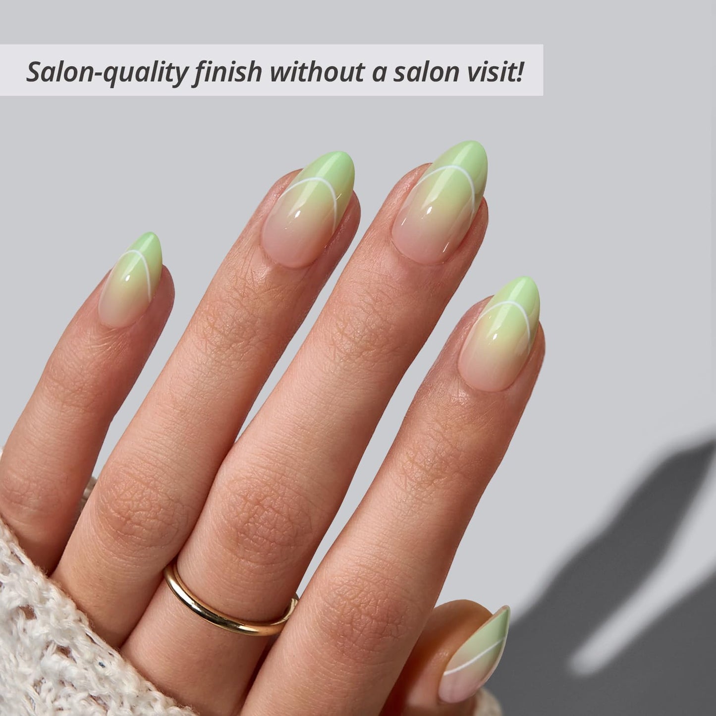 BTArtbox French Tip Press On Nails - Fresh Reset, Lamp-Curable 4-Week Wear Green Ombre Short Almond Press On Nails with Glue and Adhesive Tabs, Easy-to-Apply in 16 Sizes - 32 Nails All-in-One Kit