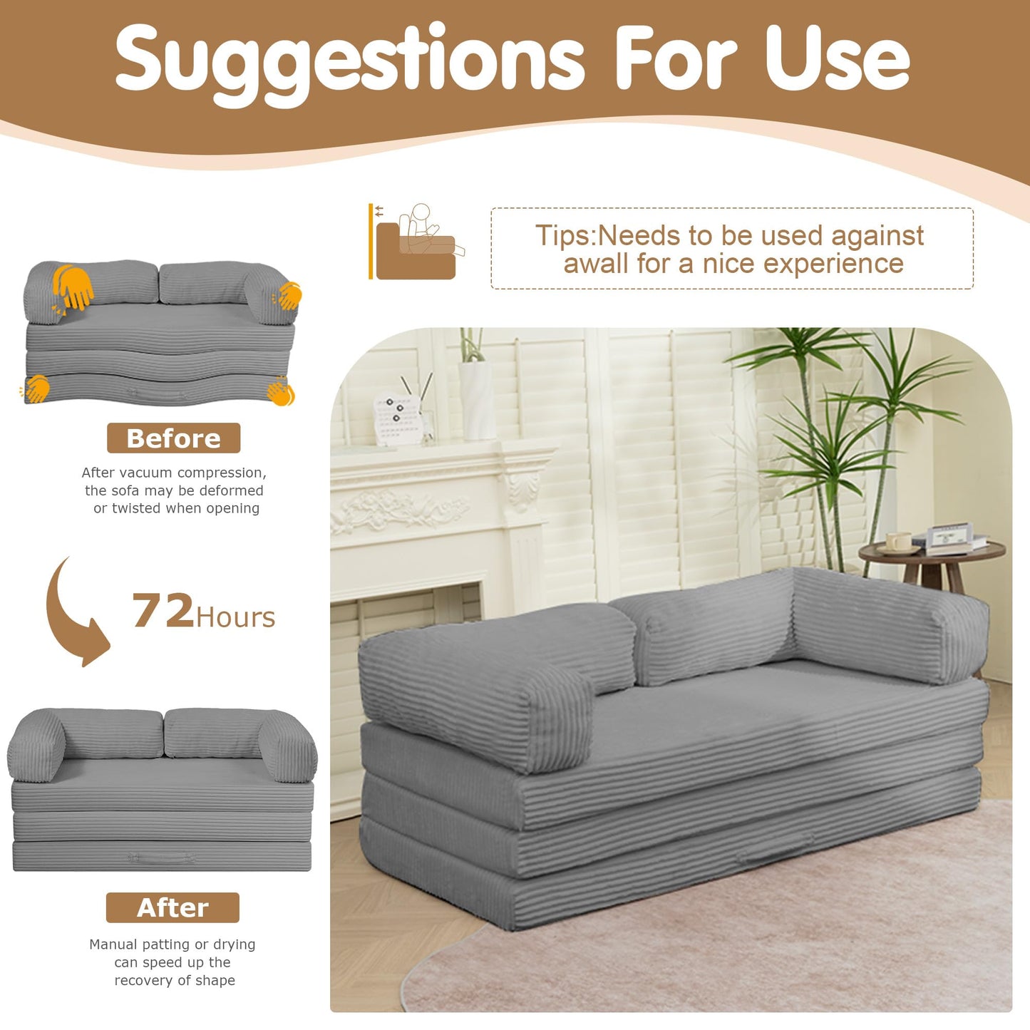 NLDD Convertible Sofa Bed,5-in-1 Tri-Fold Boneless Couch with Removable Armrests & Handle,Corduroy Futon Sleeper Sofa,Floor Folding Mattress Pull Out Bed for Small Space Apartment Living Room Bedroom