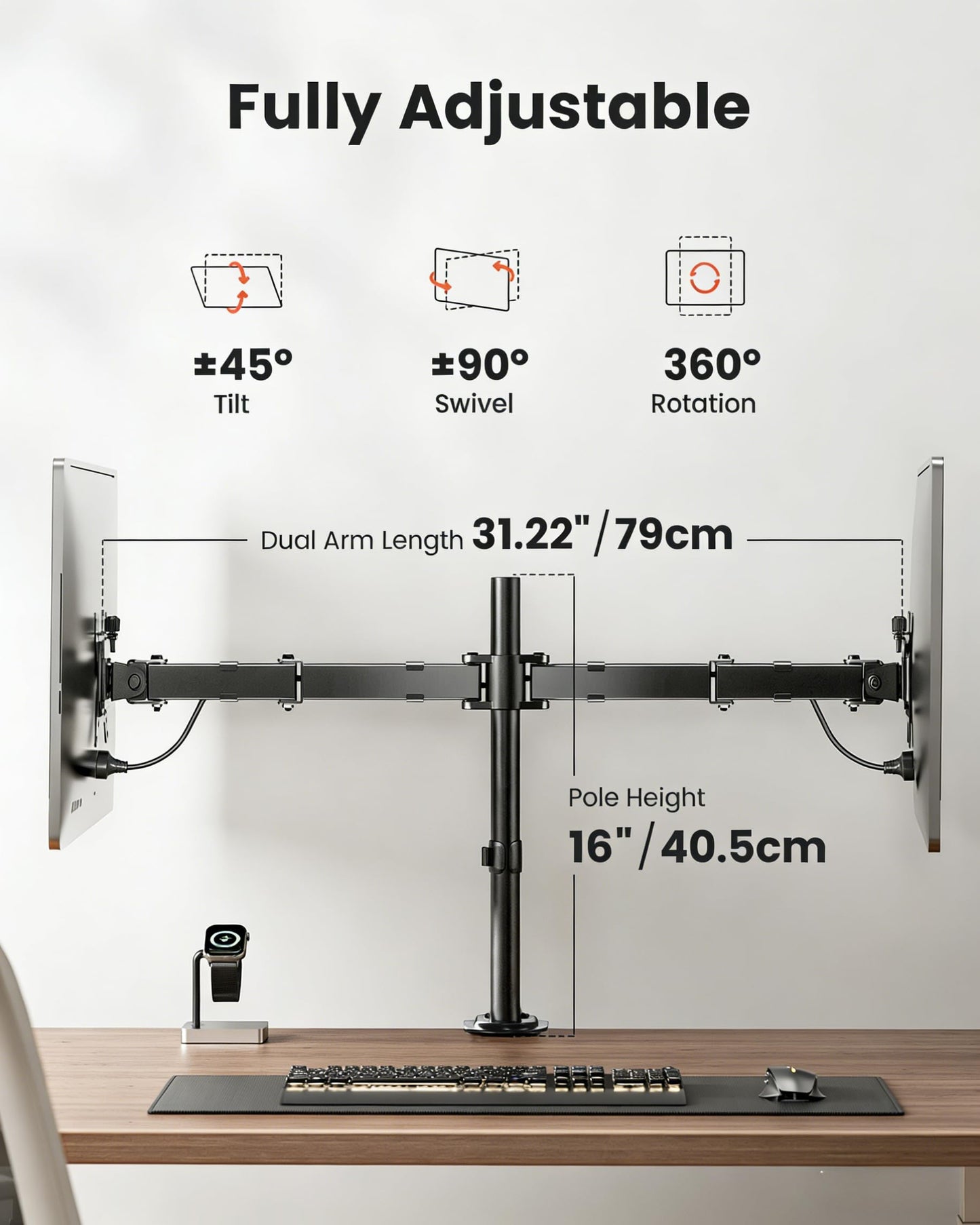ErGear Dual Monitor Stand, Heavy Duty Adjustable Monitor Desk Mount for 2 Screens up to 32 Inches, Fully Adjustable Height, Tilt, Swivel, Rotate, Supports 17.6 lbs per Monitor Arm, Easy Installation