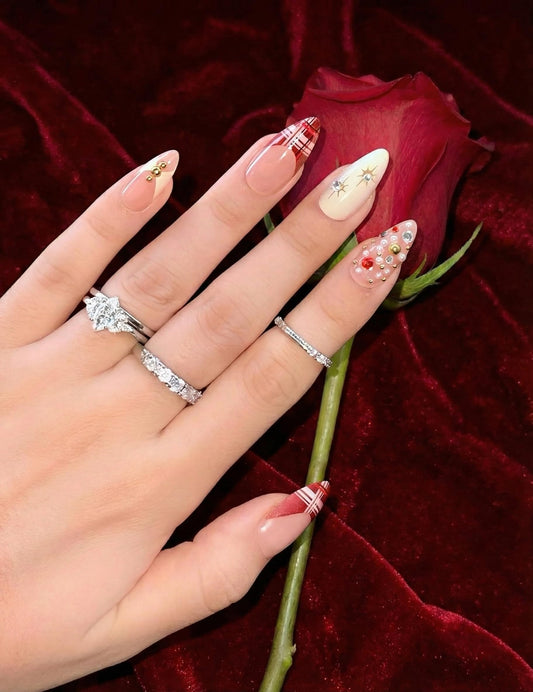 Medium Almond Press on Nails - Red Tartan French Tip, Bling Gems, Nude and Milky White Shades Design - Cute Long Lasting Fake Nails Kit, Old Money Styles For Outgoing, Party, Date Night by Nailinism