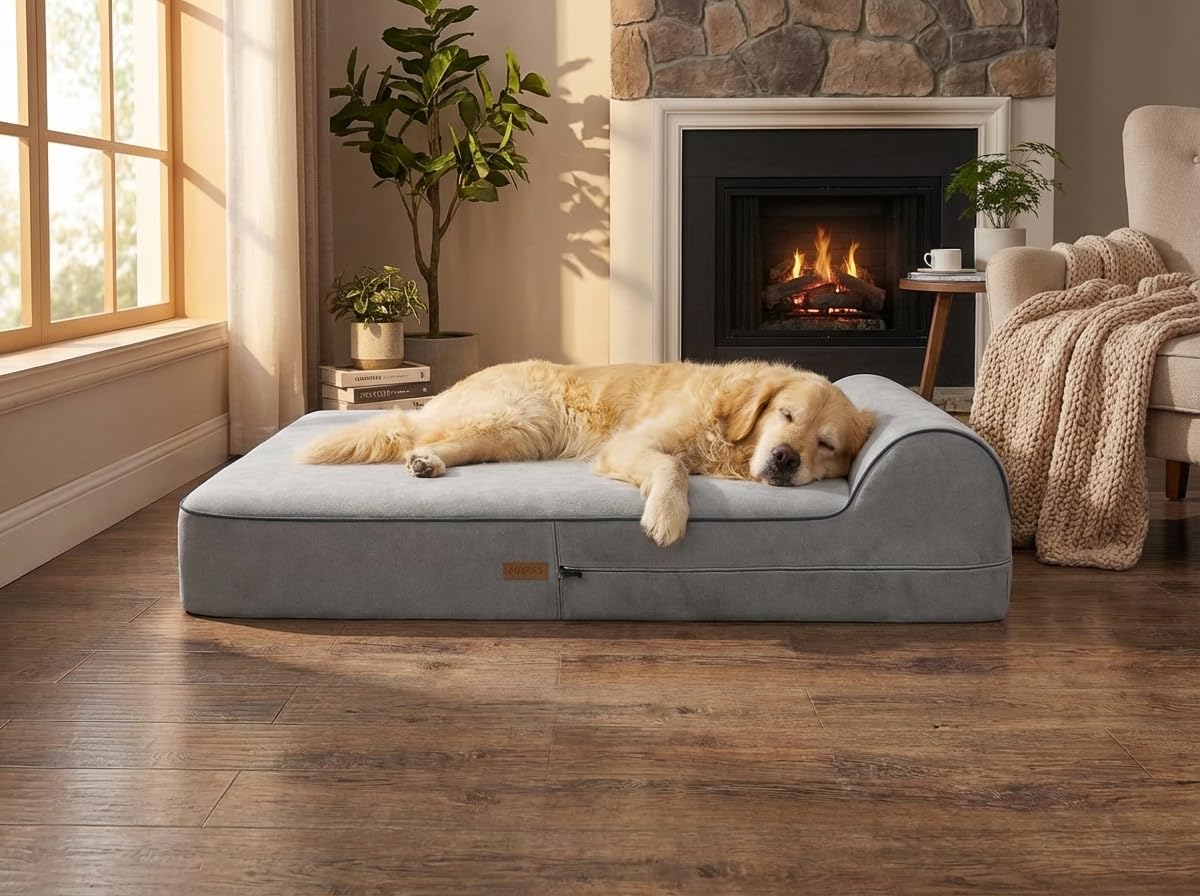 KOPEKS Orthopedic Memory Foam Dog Bed 7" Inch Thick Extra Large Dog Bed With Pillow Grey 50"x34"x10" Includes Waterproof Liner & Durable Removable Cover With Smart Design
