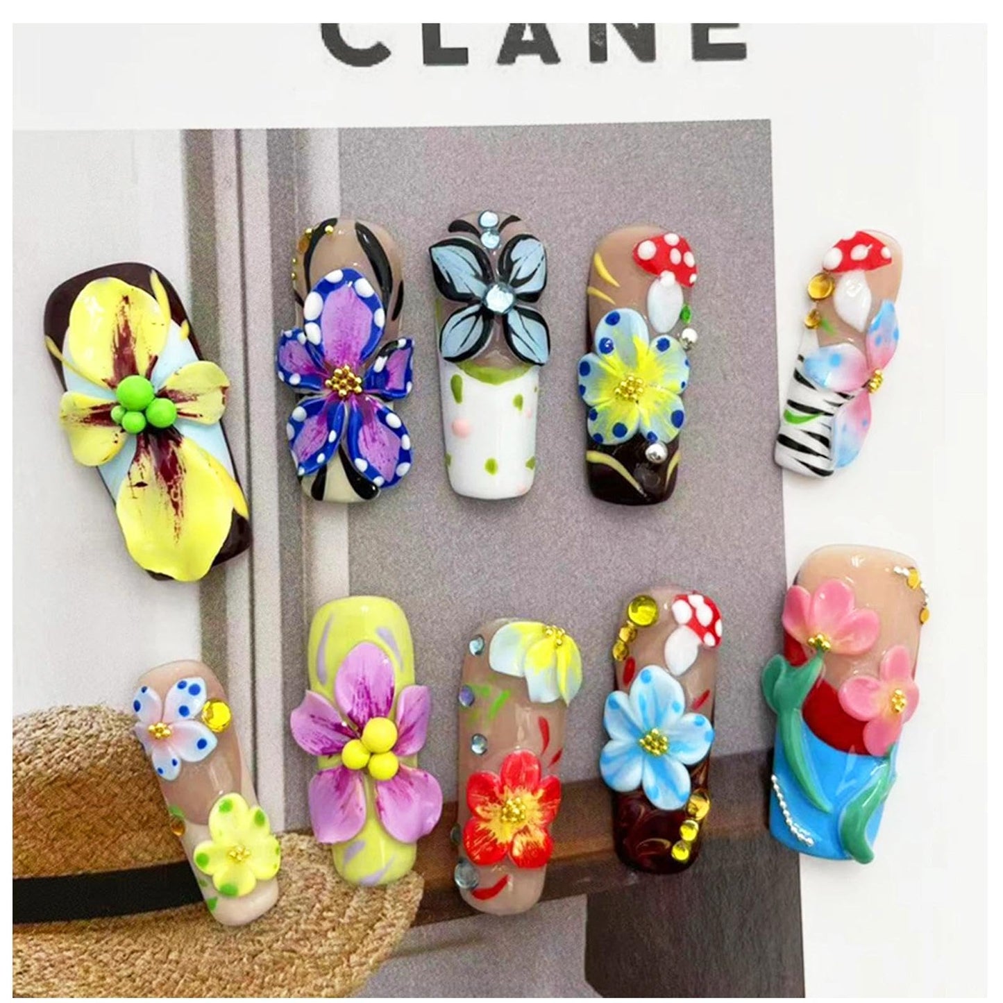 Handmade 3D Floral Art Colorful Square Press On Nails, Sweet Rhinestone Artisan Nails Set, Reusable Glossy Press-ons with Tool Kit(XS)