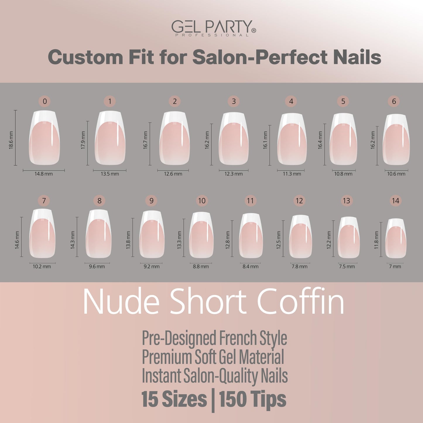 GELPARTY Rapid French Tip Press On Nails – 150Pcs, 15 Sizes | Pre-Shaped Soft Gel French Tips for Salon-Perfect Nails (Nude Short Coffin)