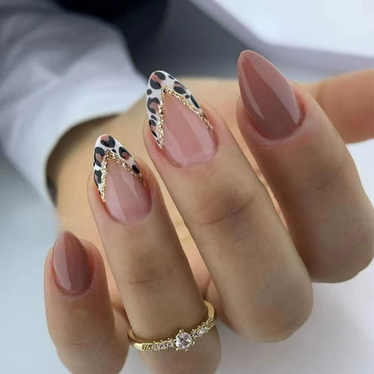 CLYHLTMZ Short Almond French Tips Press on Nails Gold Glitter Striped False Nails with Leopard Print Designs Brown Full Cover Glue on Nails Removable Acrylic Stick on Nails For Women 24 Pcs