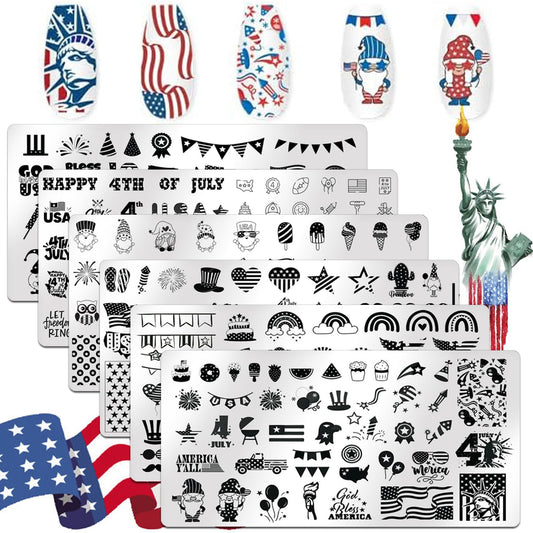 SILPECWEE 6 Pieces 4th of July Nail Stamping Plate Independence Day Nail Stamp Patriotic American Nail Design Stamp Stencils Nail Art Template Nail Art Stamping Kit Tools