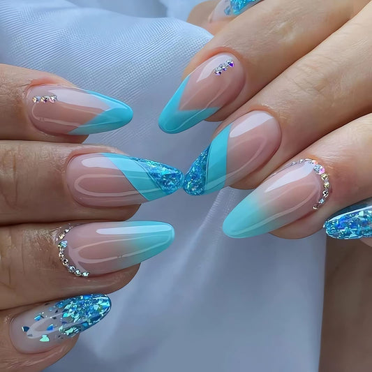 IMSOHOT Almond Press on Nails French Medium Blue Fake Nails Glitter Gradient False Nails with Designs Rhinestone Full Cover Acrylic Glossy Glue on Nails for Women