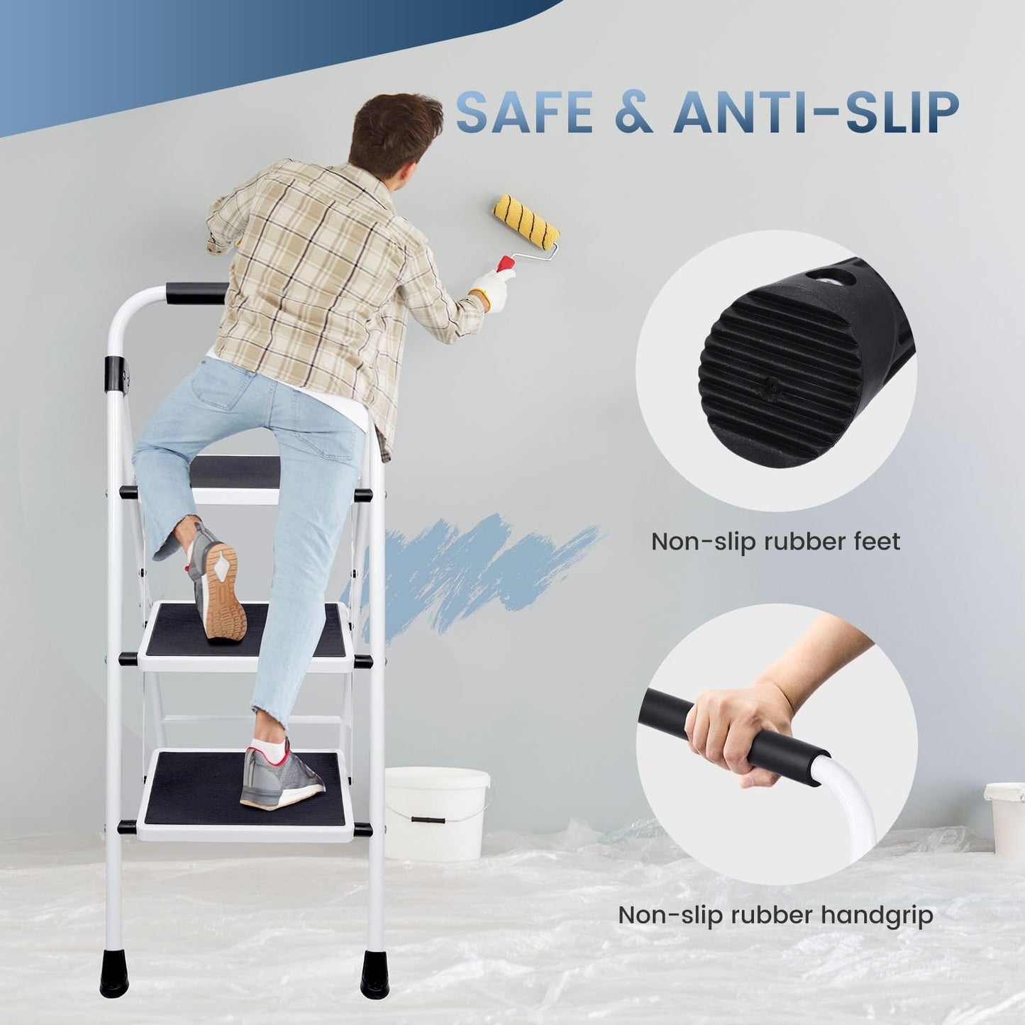 OLIXIS Step Ladder, 3 Sturdy Step Stool with Anti-Slip Pedal & Comfortable Handrail, Portable Heavy Duty Step Stool for Kitchen, Garage & Outdoor Use, 330lbs, Black