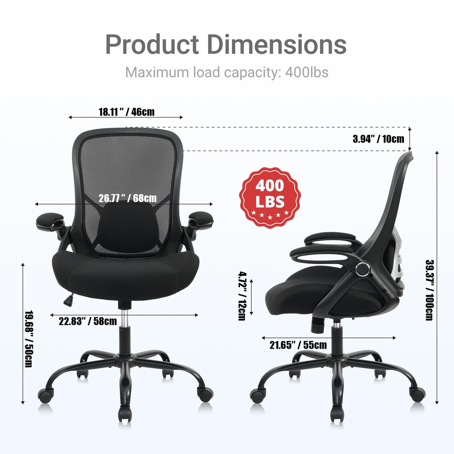 HYLONE Big and Tall 400lbs Heavy Duty Office Chair, 5" Thickened Seat Ergonomic Desk Chair with Adjustable Armrests, Home Office Computer Chairs for Long Hours Mesh Executive Chair(Black)