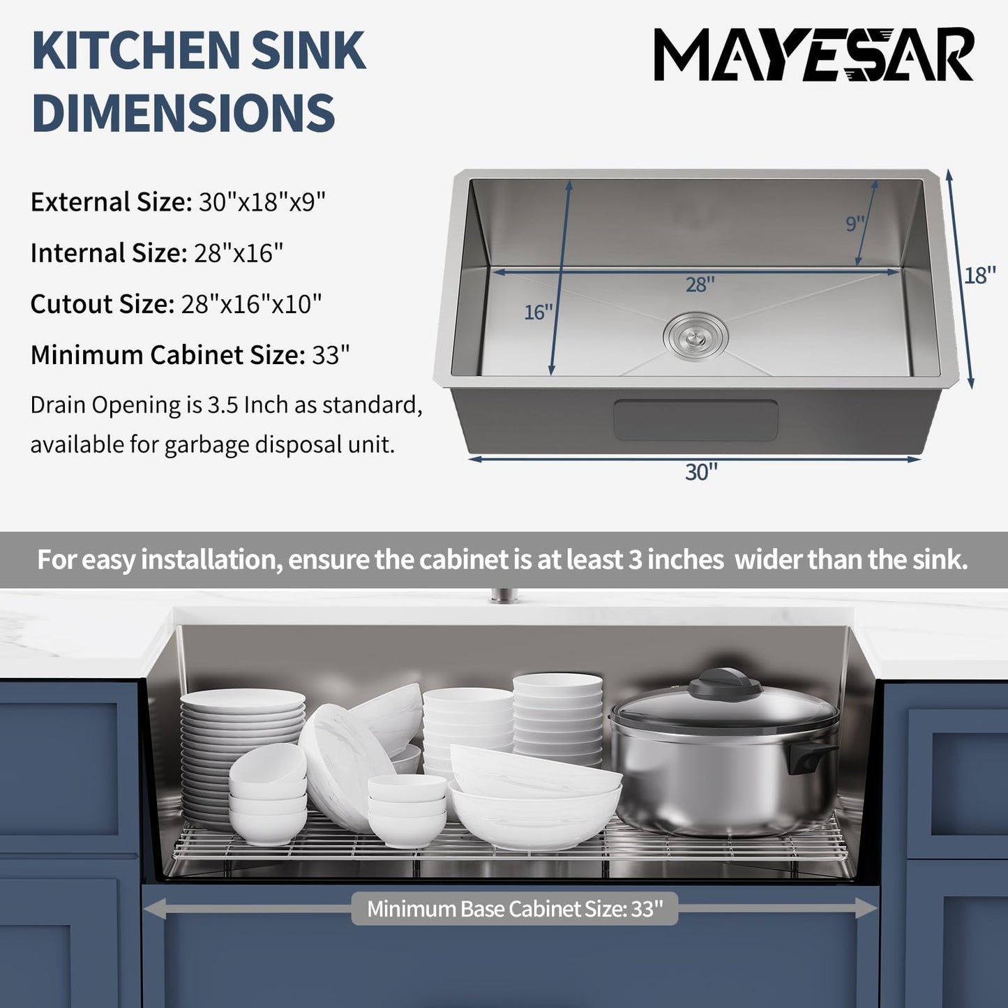 MAYESAR 30 Inch Undermount Kitchen Sink - 30 x 18 Stainless Steel Kitchen Sinks 16 Gauge Single Bowl 9" Deep Handmade Sink with Brushed Finish, Round Corner
