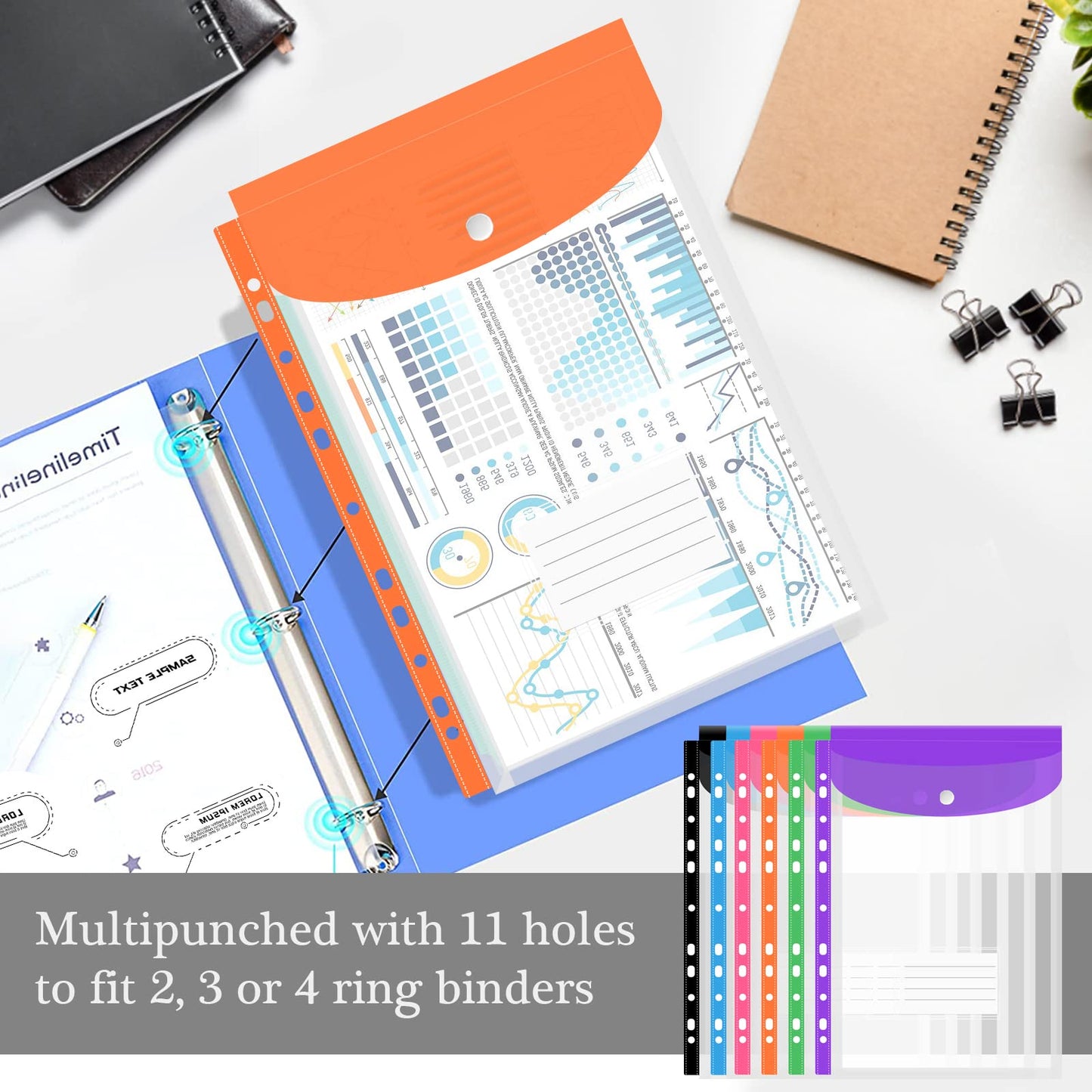 12 Pack Plastic Envelopes Binder Pocket 11 Holes Expandable Binder Folders for 2/3/4 Ring Document Pouch with Snap Button & Label Loose-Leaf Transparent for School Home Office (Vertical-Opening)