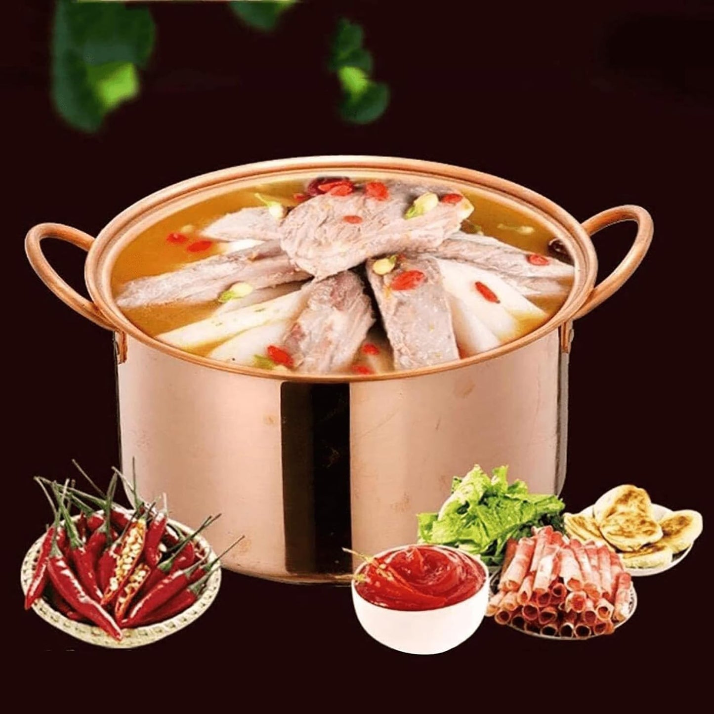CVQWRJH Extra-thick Copper Hot Pot Pure Copper Tin Lined Cooking Pot, Copper Vintage Cooking pot, Chinese Style Induction Cooker Copper Hot Pot Handcrafted Copper Pot shabu Lamb Soup Copper Pot,28cm/1