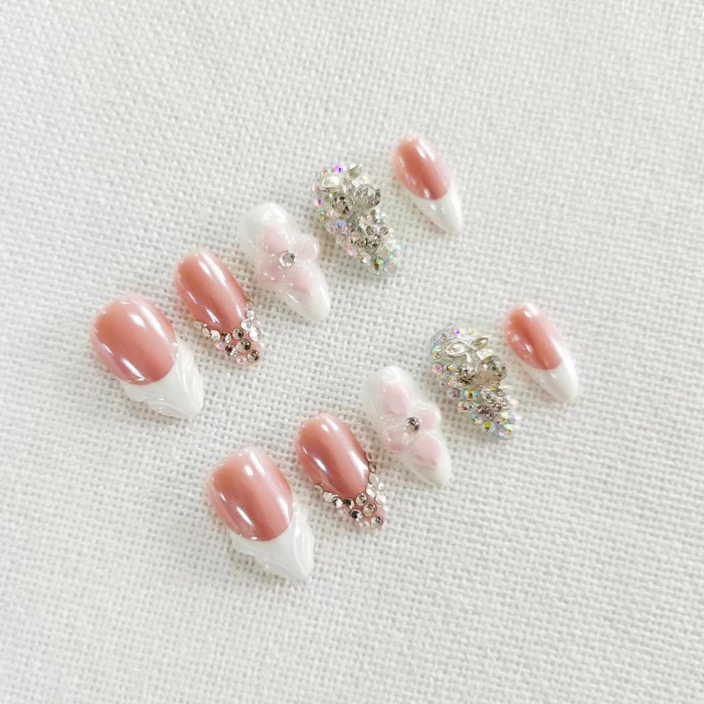 Handmade Press on Nails Short - Luxury White French Tip Fake Nails Almond Nails Press ons with Sparkly Rhinestones Designs Acrylic Nail 3D Flower Stick on Nail for Women 10Pcs (Size M)
