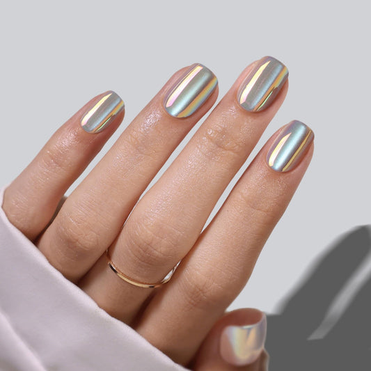 Chrome Cat Eye Press on Nails Short - SHANGMENG Soft Gel Winter Silvery White Nails Square for Women, Glossy Glue on Nails in 16 Sizes - 32 Reusable Fake Nails Kit with Glue, Moonlight