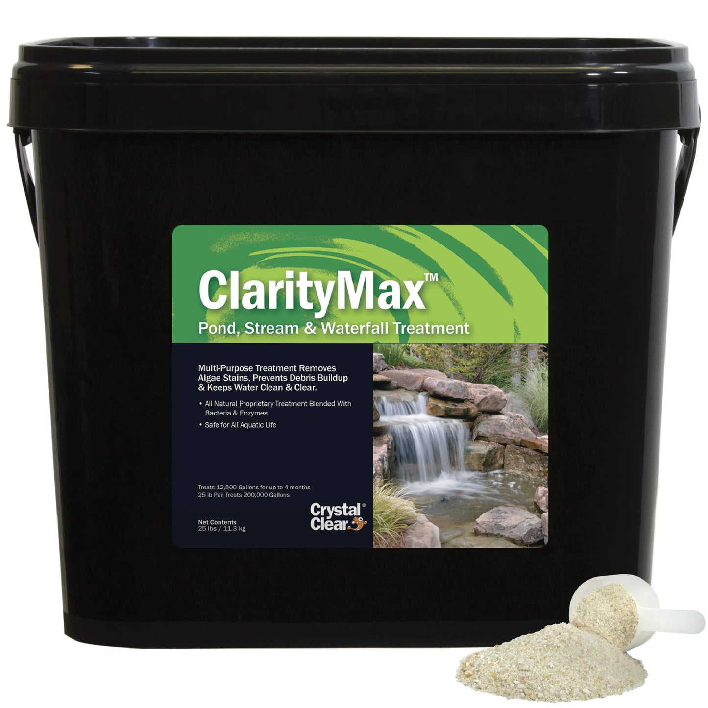 CrystalClear ClarityMax, All-in-One Pond Clarifier Treatment, All-Natural Beneficial Microbes & Enzymes Provide Max Clarity, Koi Fish & Pet Safe, Algae Stain Remover, Crystal Clear Water Garden 25 LB
