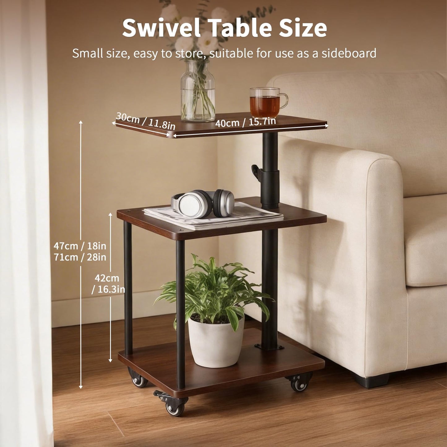 Bingyouth 360° Swivel Side Table with Storage, Height Adjustable, Smooth-Rolling Wheels, C-Shaped End Table for Couch/Sofa, Recliner, Living Room, Walnut-Look