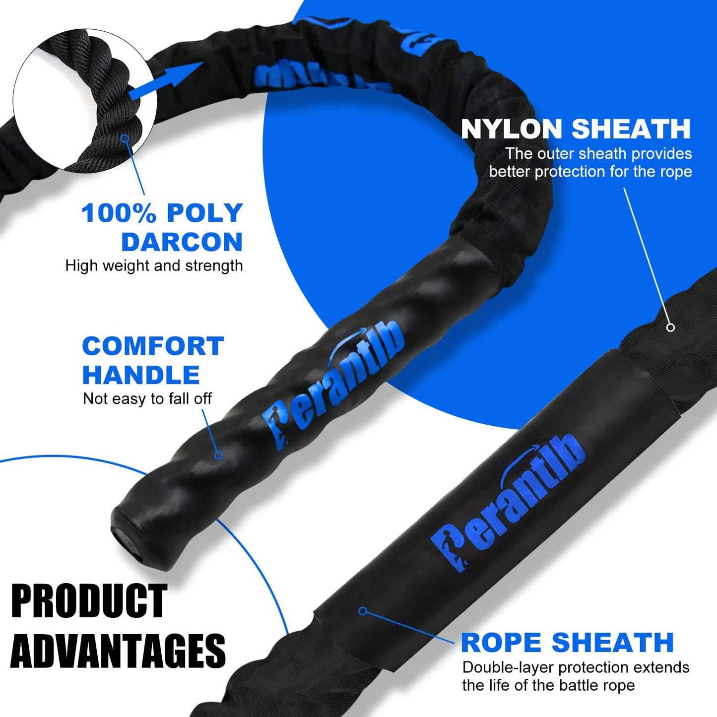 Perantlb Battle rope with wear-resistant nylon protective sleeve ，Heavy Battle Rope for Strength Training Home Fitness Exercise Rope， Anchor Strap Kit Included (2" x 50 ft Length)