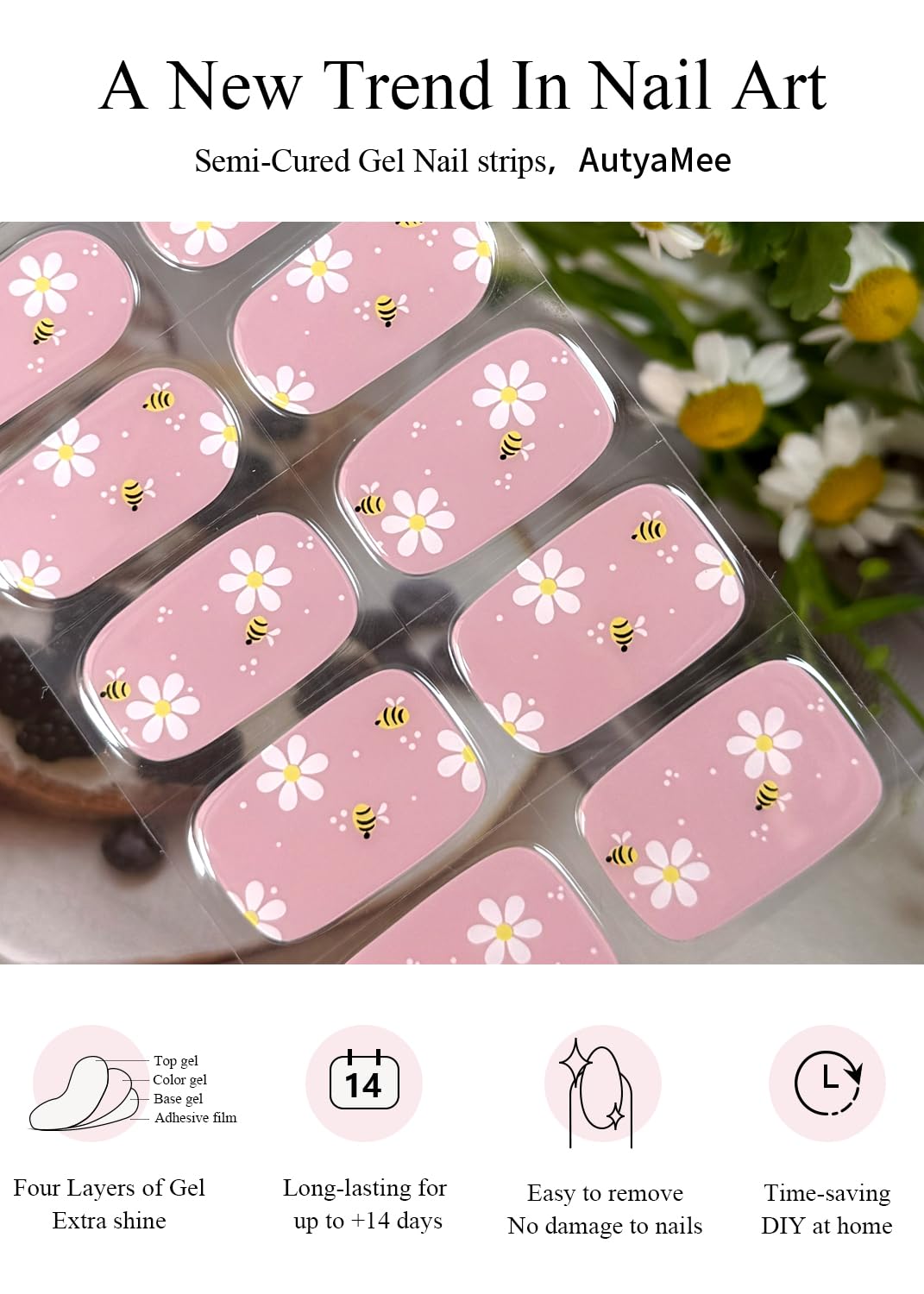 AutyaMee Semi Cured Gel Nail Strips (Bee & Blossom), 20 Pcs Gel Nail Wraps, Stickers, Nude Pink, Salon Quality, Works with Any UV Lamps