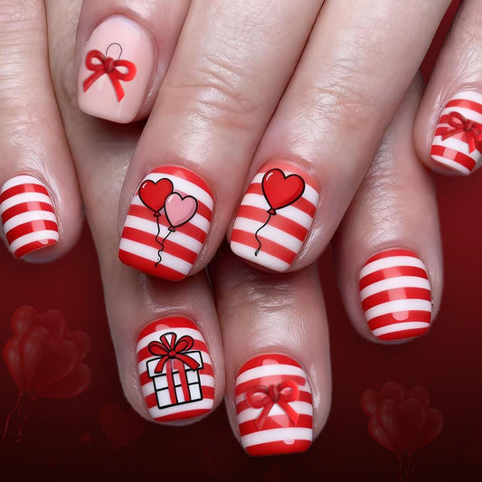 CJDLTS Valentines Press on Nails Short Square Artificial Acrylic Fake Nails Red Pink Love Balloon with Red Bow Full Cover Glossy Heart Stick on Nail Artificial Fingernails for Women Festival Manicure