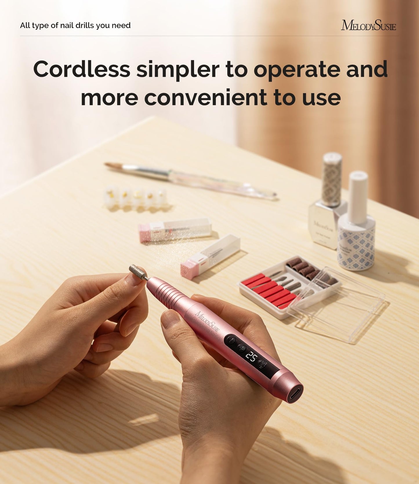 MelodySusie Pen-Shaped Portable Cordless Nail Drill,PC180G 25000RPM Rechargeable Electric File with LED Display for All Nail Care, Manicure Shaping & Acrylic Gel Removal for Nail Artists DIY at Home