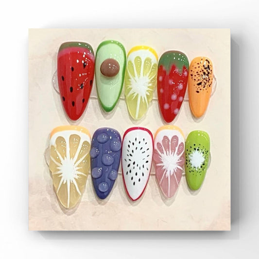 Wsliana Handmade Press On Nails - Medium Almond False Nail Tips, 3D Fruit Design, 10pcs Reusable Glue On Acrylic Fake Nails, Long-Lasting, Easy Fit | Fashionable Nail Kit | Natural Look (076, L)