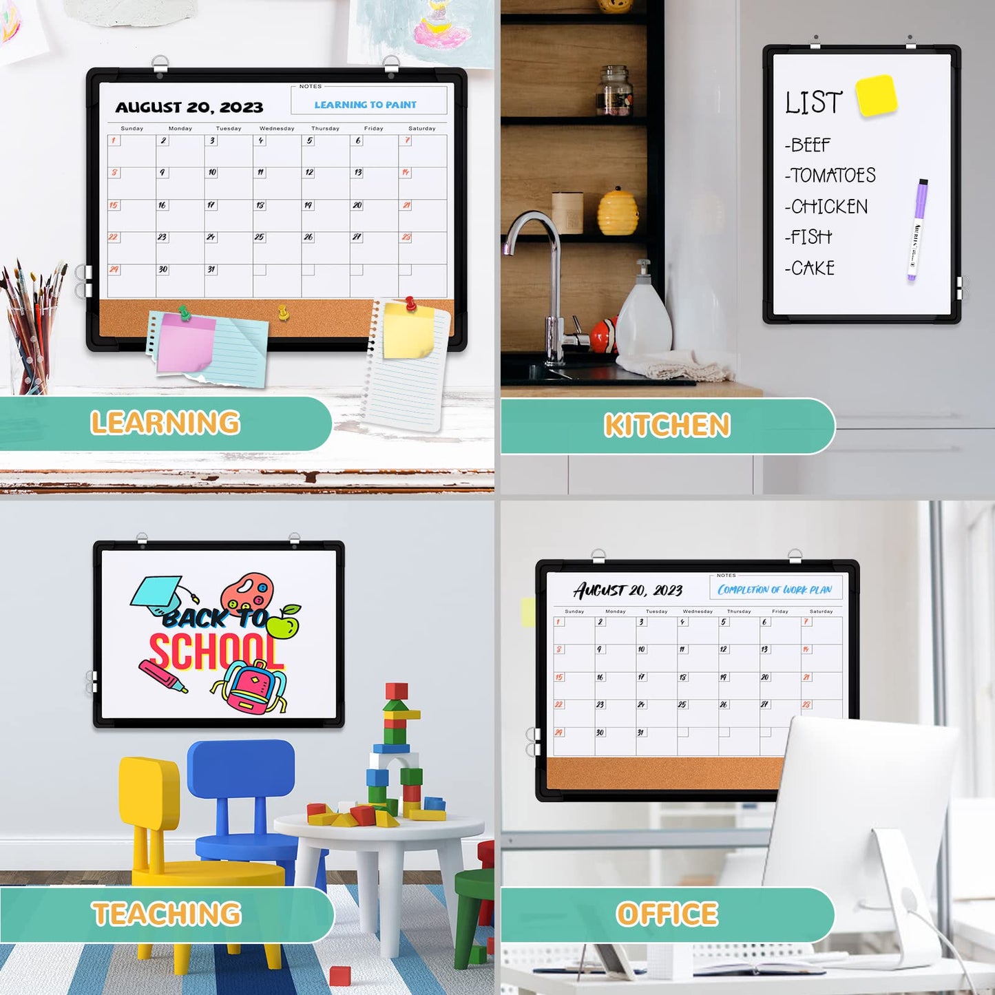 Monthly Calendar Whiteboard Dry Erase Cork Board Combination for Wall, 17x13 Magnetic Dry Erase Board, Double-Sided White Board, Portable Board for Office, Planning, Memo, School, Home (Black)