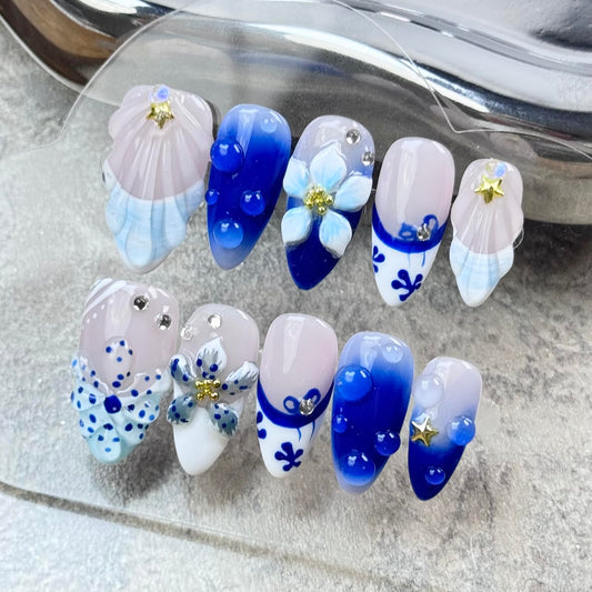 100% Handmade Press on Nails Medium Almond Handmade Nails with Blue Flower Charm Design Chinese Style Fake Nails Glossy Ombre French Tip Nail Press ons Spring Summer Acrylic Nail for Women M 10Pcs