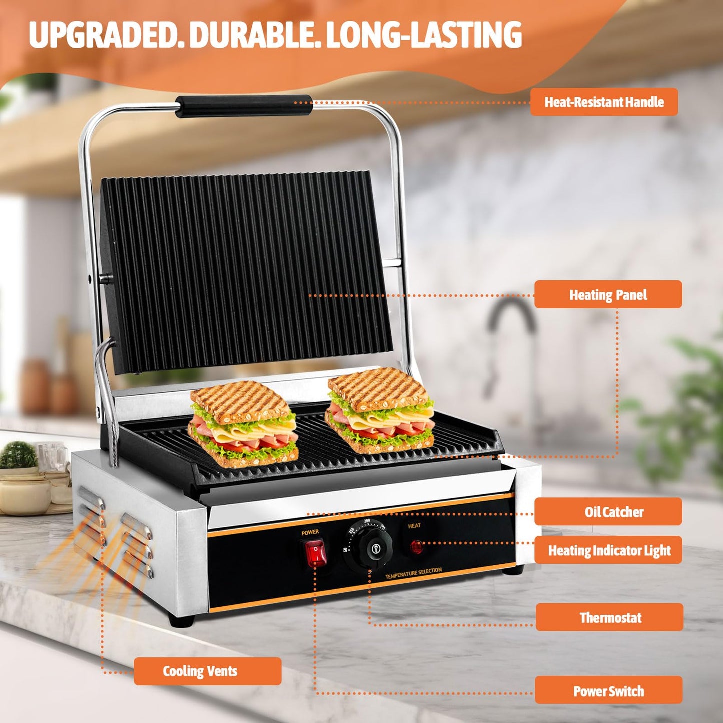 Yingyunvo Commercial Panini Press Grill 2200W Countertop Electric Sandwich Maker with Adjustable Temp Control, Nonstick Coating, Grooved Plates Grill, for Burgers Steaks Panini