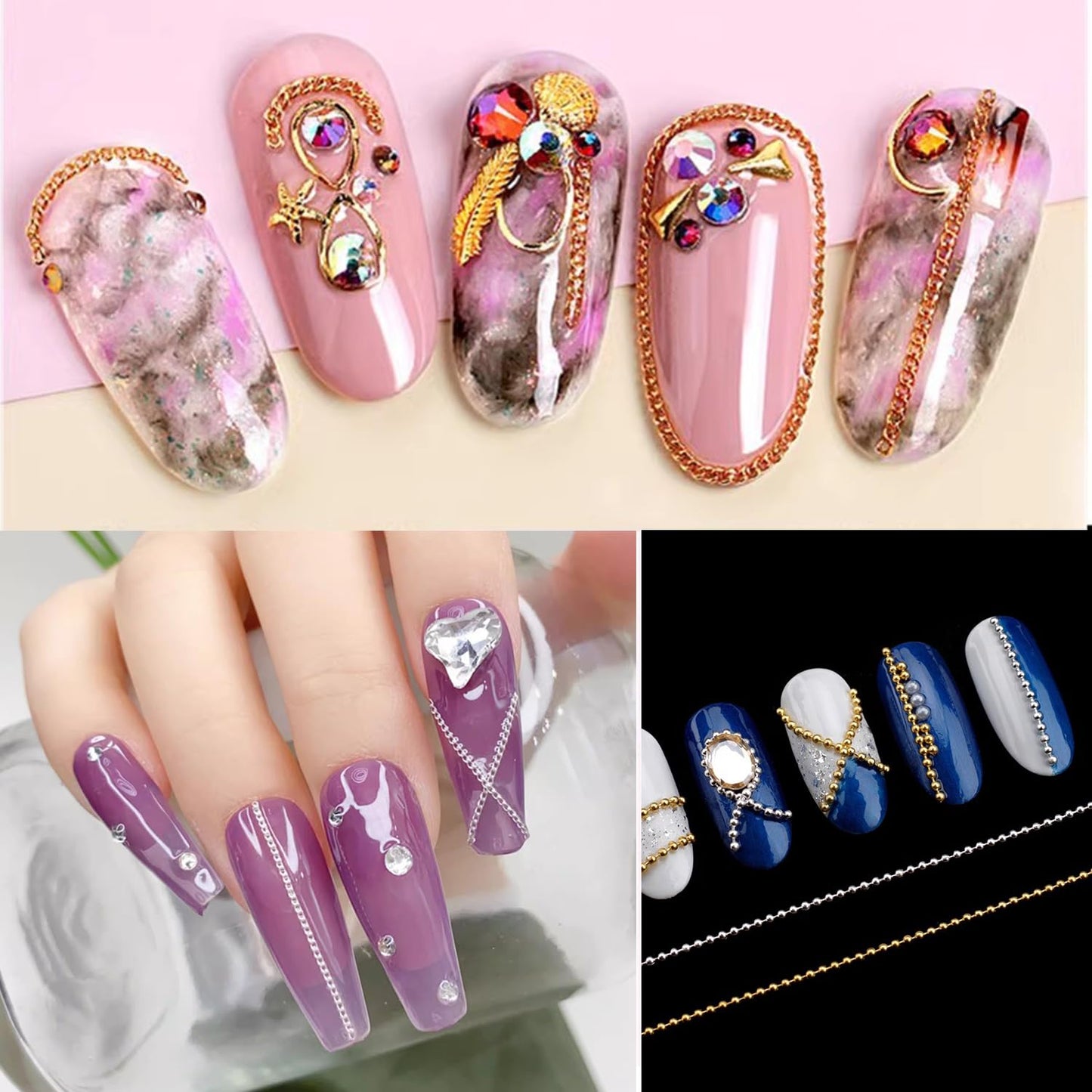 JERCLITY 9 Strips 19.7in Gold Silver Nail Chains for Nail Art 3D Gold Silver Nail Charms Metal Nail Art Chains Punk Nail Charms Accessories for Women Nail Art