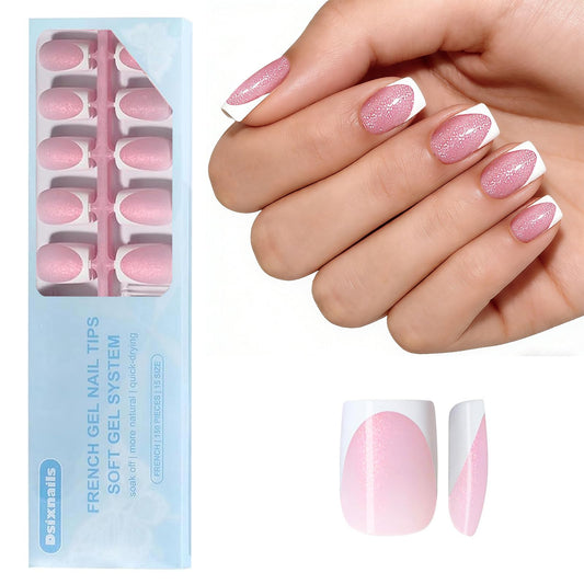 Dsixnails French Tip Press On Nails, 150Pcs Pink Short Square Gel Press on Nails, Glitter Base Pre-Lasting Acrylic Fake Nails, Soak Off Acrylic Full Cover Nails Extension for Women Girl 15Sizes