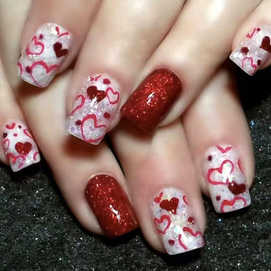 24 Pcs Valentines Nails - Press On, Short Square Heart, Full Cover, Glitter Design, Acrylic, Red, False Nails - Glue On, DIY Manicure