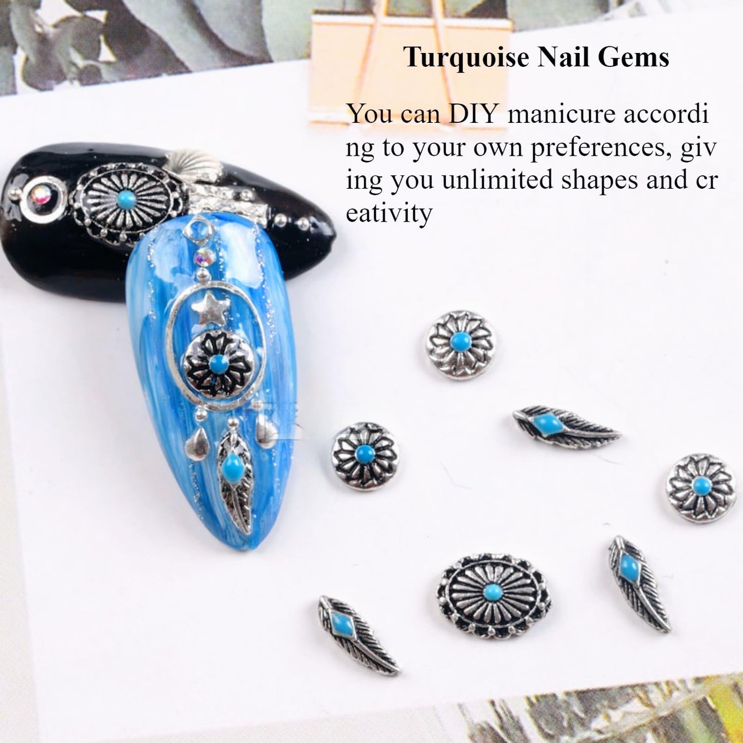 50 PCS Metal Turquoise Nail Charms - Western Cowboy Nail Art Decorations, 3D Nail Gems for DIY Manicure, Mixed Shapes Nail Accessories for Gel Acrylic Nails (Blue)