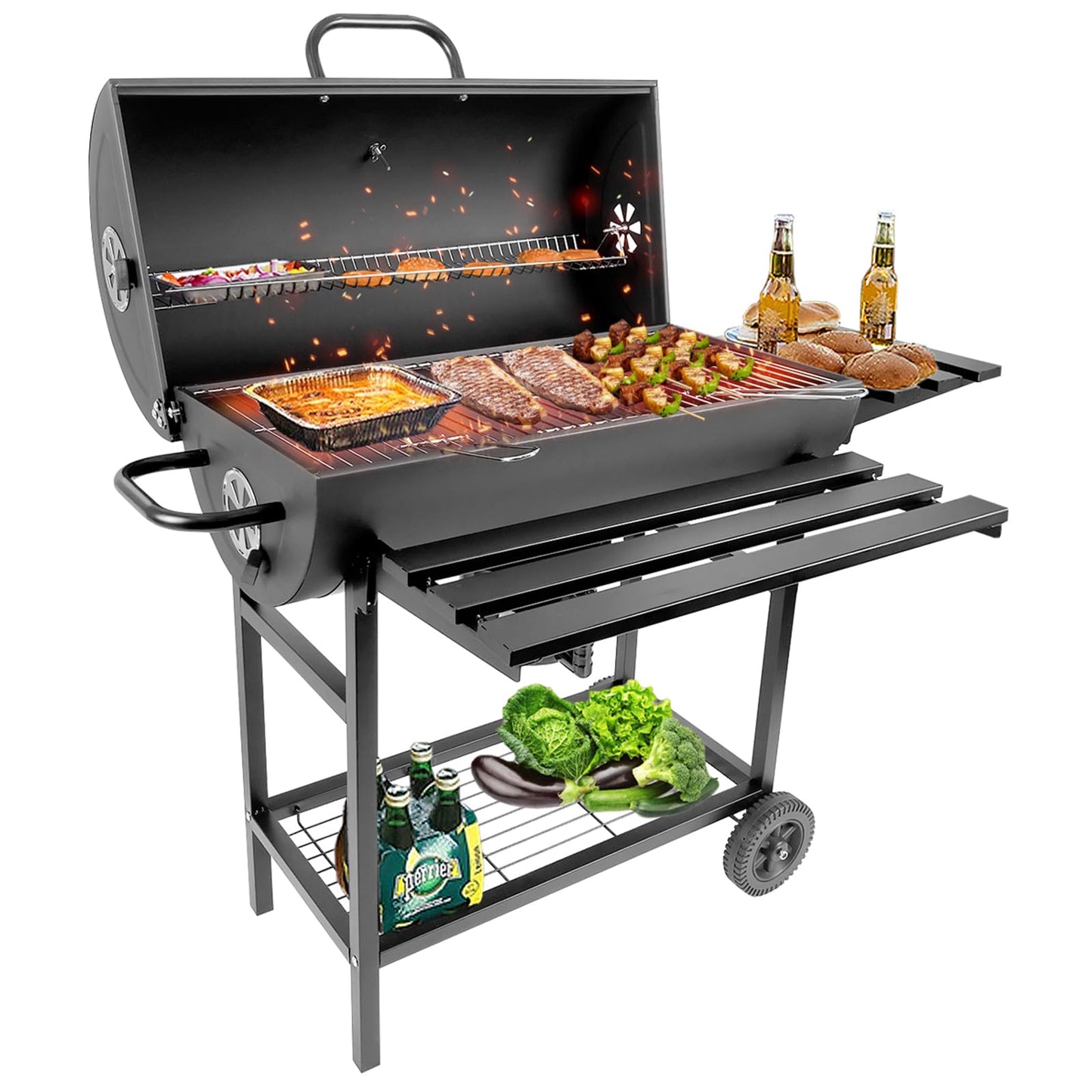 HALNYHYFD Charcoal BBQ Grill with Thermometer & Foldable Side Table, 565 sq in Cooking Space Large Charcoal Grills, Barrel Charcoal Grills for Backyards Picnic Cookouts