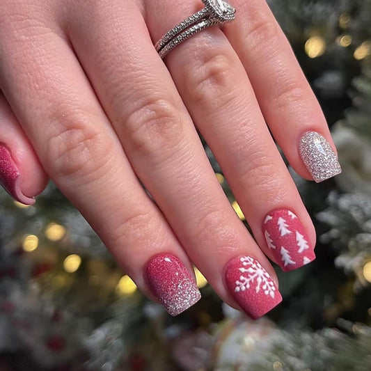 Christmas Press on Nails Short Square Fake Nails Red Silvery with Snowflake designs Christmas False Nails Glossy Full Cover Winter Xmas Stick on Nails Glitter Glue on Nails for Women Girls 24pcs