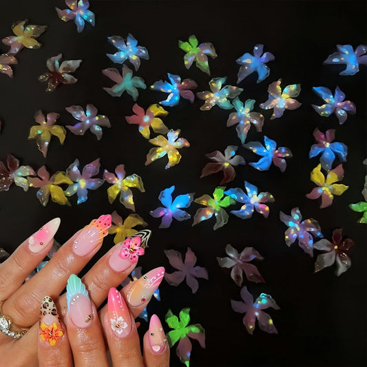 60PCS Fluorescent Hibiscus Flower Nail Art Charms 3D Two-Color Ice Flowers with Glitter Mixed Colorful Floral Diamonds Spring Summer Nail Jewelry Tiny Flowers Nail Design for Women Manicure Supplies
