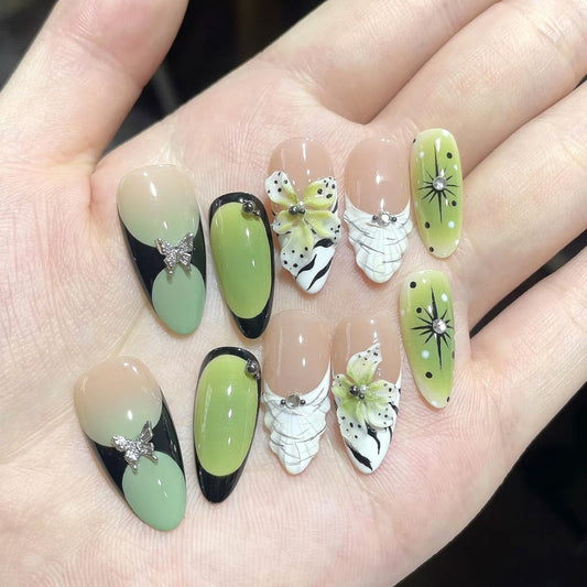 30Pcs Green Press on Nails Almond Medium Fake Nails with 3D Rhinestone Design Stick on Nails Flower Butterfly False Nails Spring Summer Acrylic Nails French Tip Handmade Nail Art Kit for Women