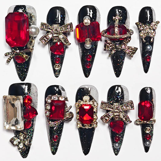 Handmade Press On Nails Stiletto, Black press on nails Long, Goth Red Rhinestone Glitter Nails For Women Gift, Reusable Stick On Fake Nails Kit With Nail Glue (Goth Charm, S)