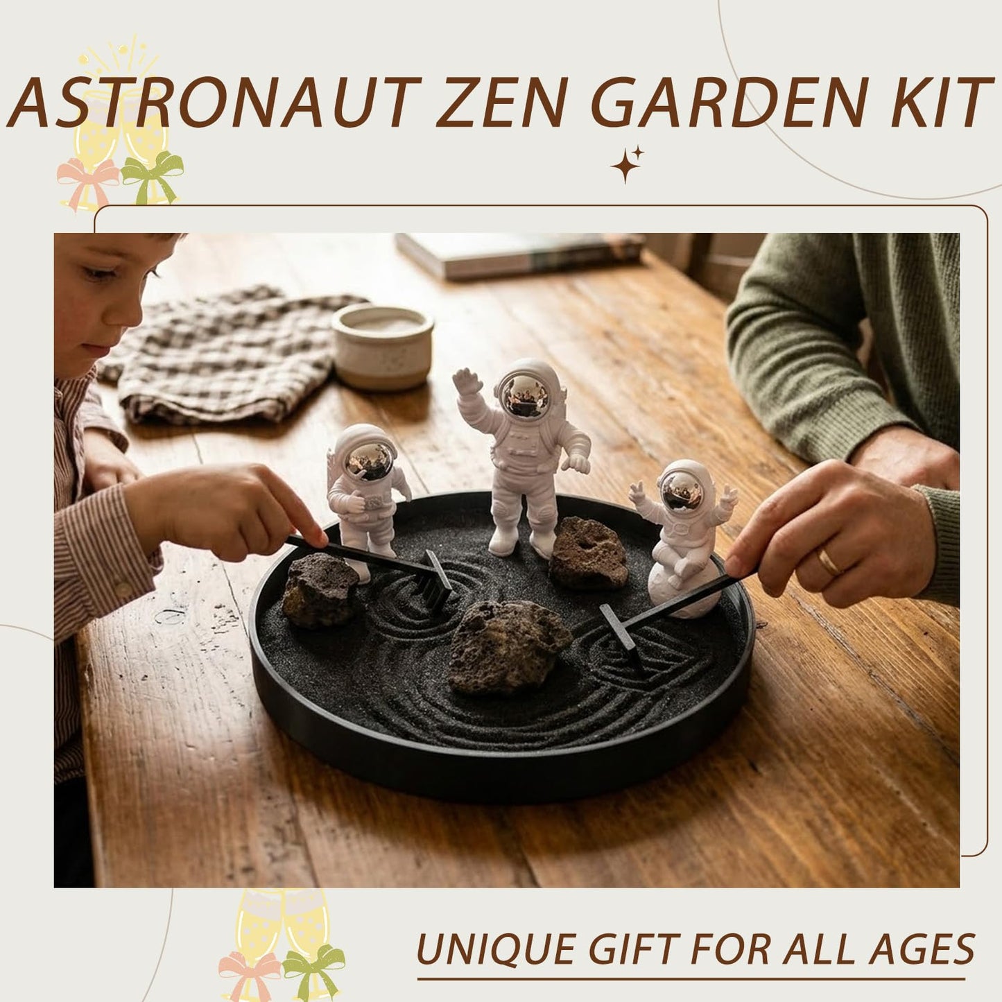 Astronaut Zen Garden Kit, Desktop Zen Garden for Stress Relief, Mini Sandbox with Rake and Decorative Stones for Office & Home Desk Decorations