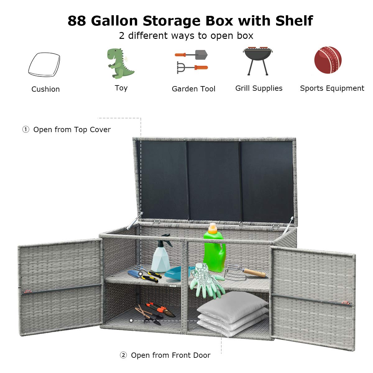 RELAX4LIFE PE Wicker Storage Box - Outdoor 88 Gallon 2-Tier Deck Box for Patio Furniture Toys Storage w/Lid & Front Doors, All Weather Rattan Storage Bin for Backyard Garden Poolside Porch (Grey)