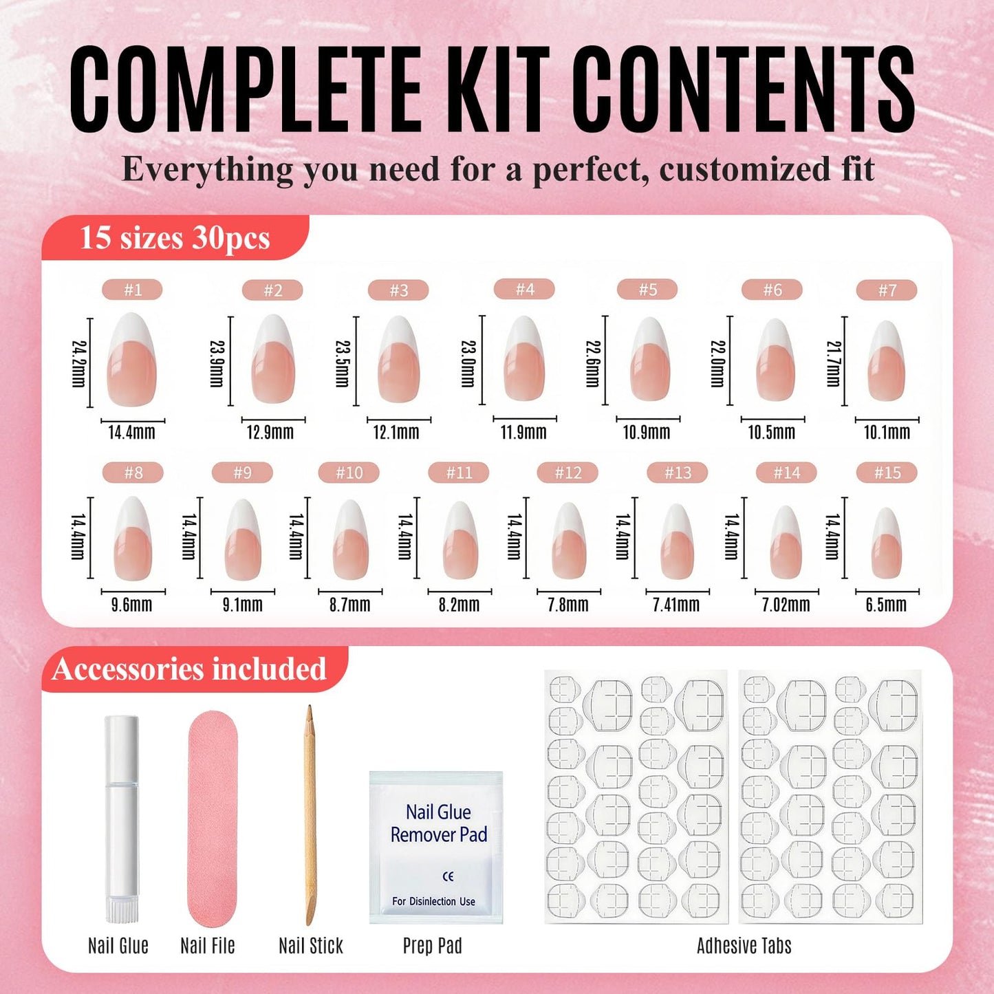 Bioday French Tip Press on Nails Medium Almond, Soft Gel Glossy Fake Nails Press on with Glue, 30Pcs Reusable Stick on Nails in 15 Sizes, Salon Quality False Nails for Women Spring Vacation DIY Gift