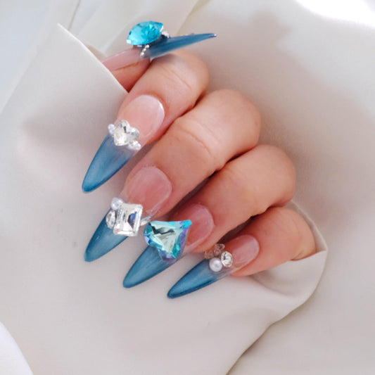 GLORS Luxury Long Stiletto Press-On Nails, Turquoise Blue Stiletto with 3D Crystals and Pearls, Handmade False Nail 10 Pieces (Medium, LS)