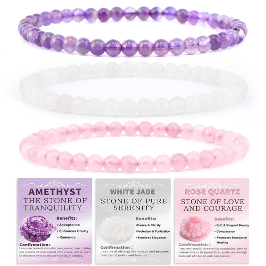 NCB 3-Piece 4mm Natural Crystal Gemstone Stretch Bracelets – ﻿Amethyst, Pink Quartz, White Jade Handmade Reiki Energy Healing Jewelry for Meditation,Yoga, Unisex