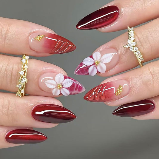 RUOKEXIN Almond Press on Nails French Tip Fake Nails Orange Ombre False Nails with 3D Flower Designs Medium Nail Press ons Sparkly Artificial Nails for Women 24Pcs