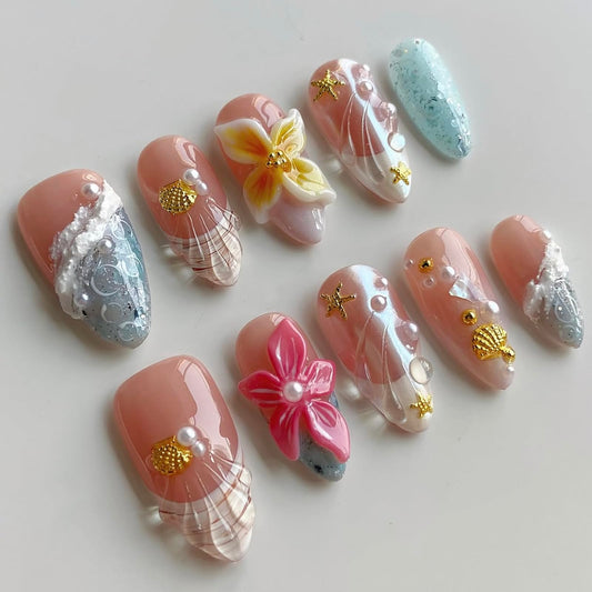Luxury Press on Nails Medium Almond French Tip Handmade 3D Unique Reusable ABS Material Fake Nails Summer False Nails with Designs Plumeria Floral Art Petal Glossy Glue on Nails Thick Acrylic Nails(M)