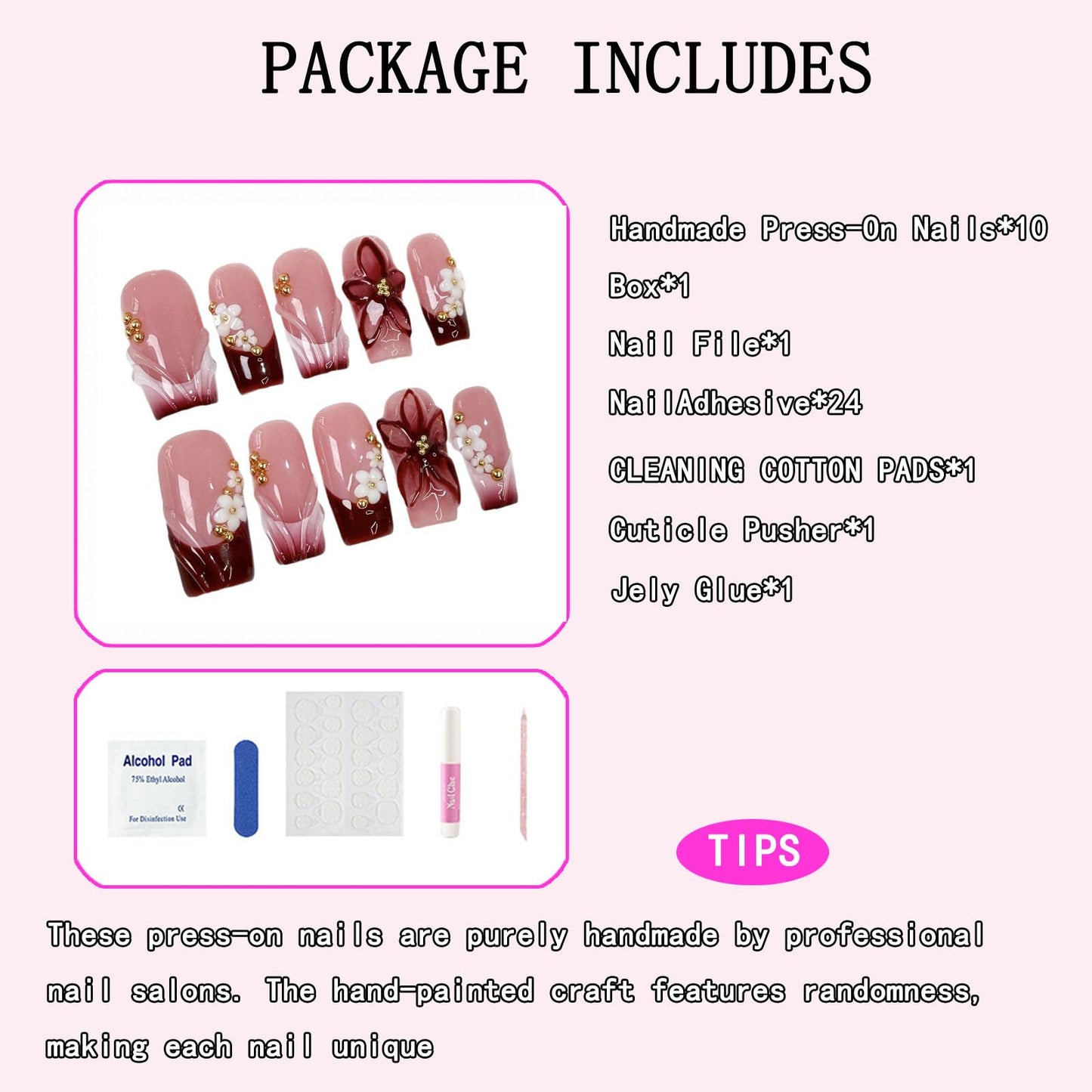 Handmade Press On Nails Medium Square 3D Flower Gold Beads Burgundy French Tip Pink Full Cover False Nails Acrylic Stick on Nail for Women Daily Date Party, 10Pcs (M)