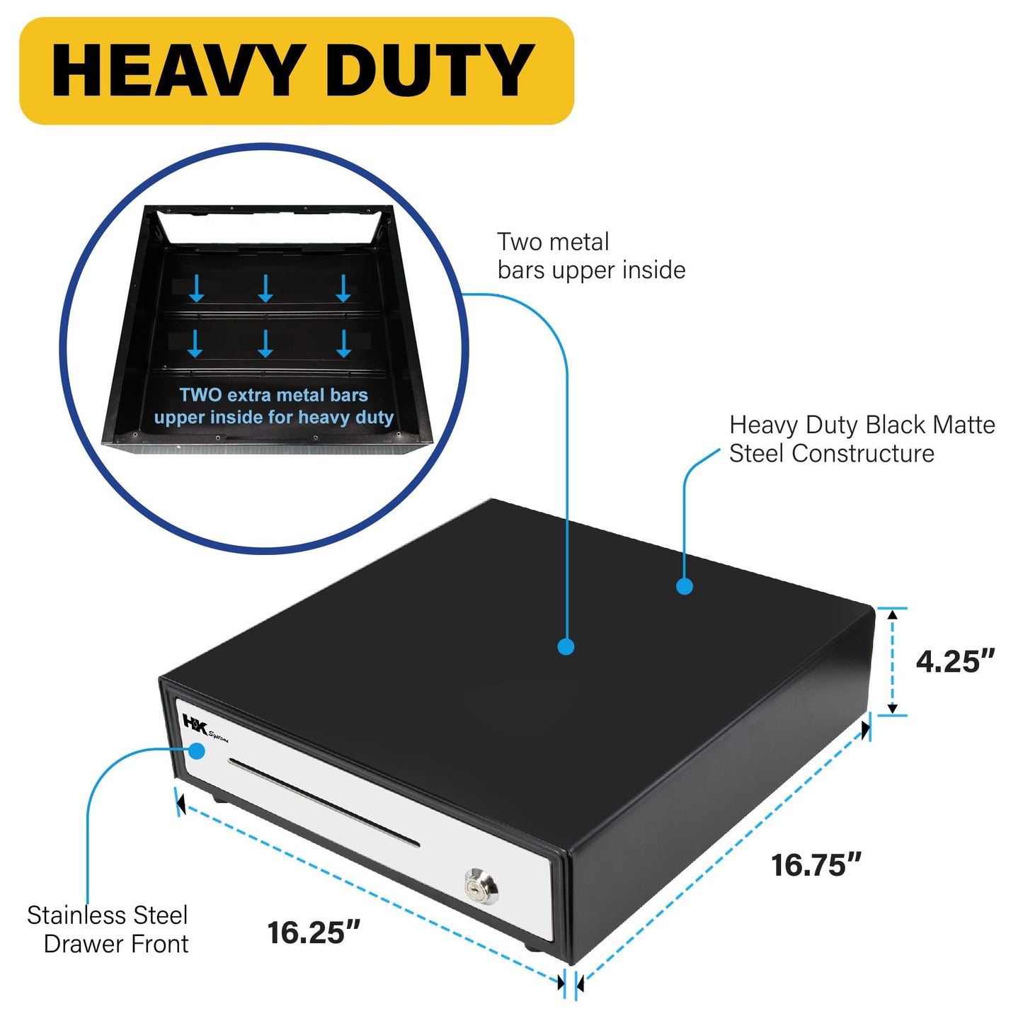 HK SYSTEMS 16" POS Cash Drawer Stainless Steel Front, Ball bearing slide, Heavy Duty POS with Removable Tray 5Bill/5Coin