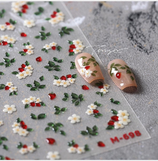 5D Embossed Flower Nail Art Stickers Green Leaf Nail Stickers with Red Pepper Self-Adhesive Flower Nail Decals for Women Girls Spring Summer Manicure DIY Nail Supplies