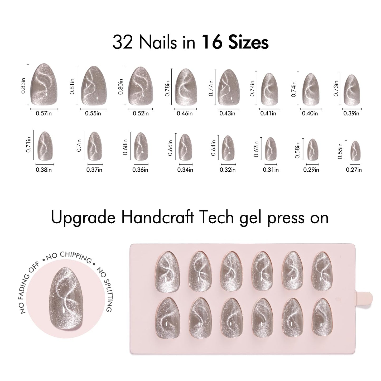 VSALON Press On Nails Short Almond, Cat Eye Spring Glue on Nails Silver Shimmer Ribbon Sparkly Fake Nails With UV Glue Reusable Salon Quality Swirl Summer Stick on Nails for Women - 32 Pcs 16 Sizes