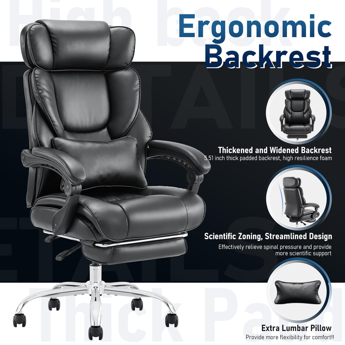 High Back Office Chair with Retractable Footrest & Lumbar Pillow, Ergonomic Bonded Leather Executive Desk Chair, Thick Padded Cushion, 90–135° Reclining Chair for Home Office,Black