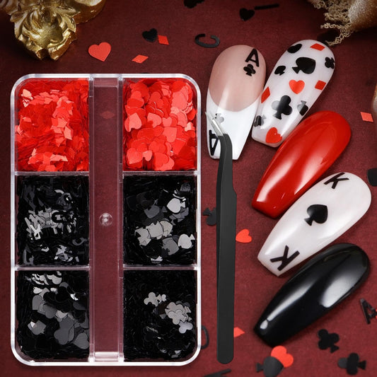 1 Box 2 Color Holographic Poker Nail Glitter Red Black Peach Hearts Nail Sequins 3D Letter Nail Flakes Sparkly Powder Flakes Shiny Nail Glitter Alphabet Nail Sequins Glitter for Nails Art 6 Grids